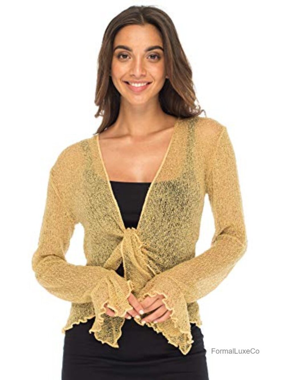 Sheer Shrug Bolero Long Sleeve Cropped Cardigan Tie Front Lite Bell